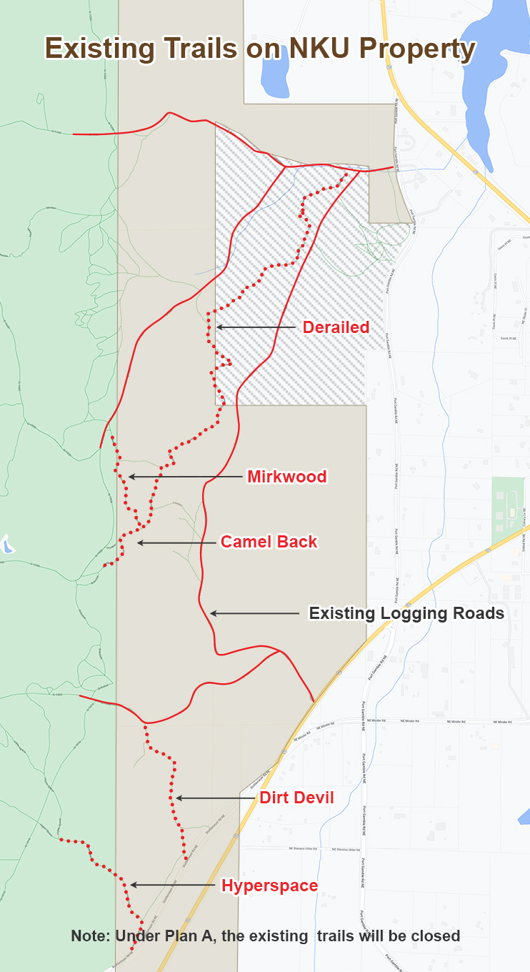Map showing current trail systems on or near the NKU property